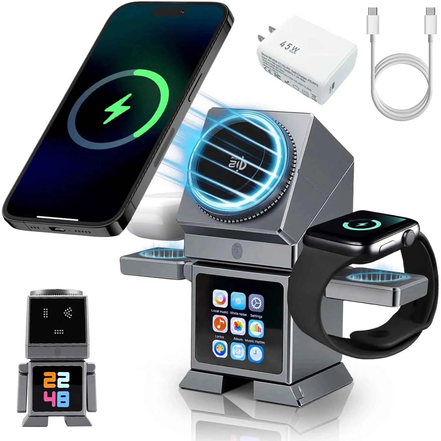 7 in 1 Wireless Charger Qi2.2 Certified 25W Magnetic Fast Charging Station Bluetooth Speaker for iPhone 17~12 iWatch Airpods Pro