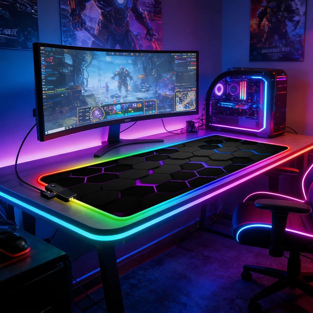 LED Lighting RGB Mouse Pad E-sports Game Keyboard Pad Table Mats Geometric Hexagons Pc Accessories Deskmat Mousepad Gamer Anime