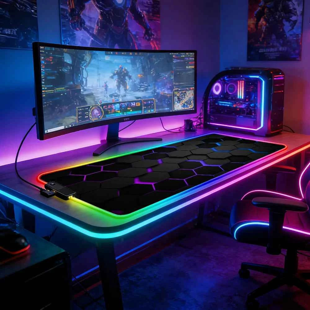 LED Lighting RGB Mouse Pad E-sports Game Keyboard Pad Table Mats Geometric Hexagons Pc Accessories Deskmat Mousepad Gamer Anime