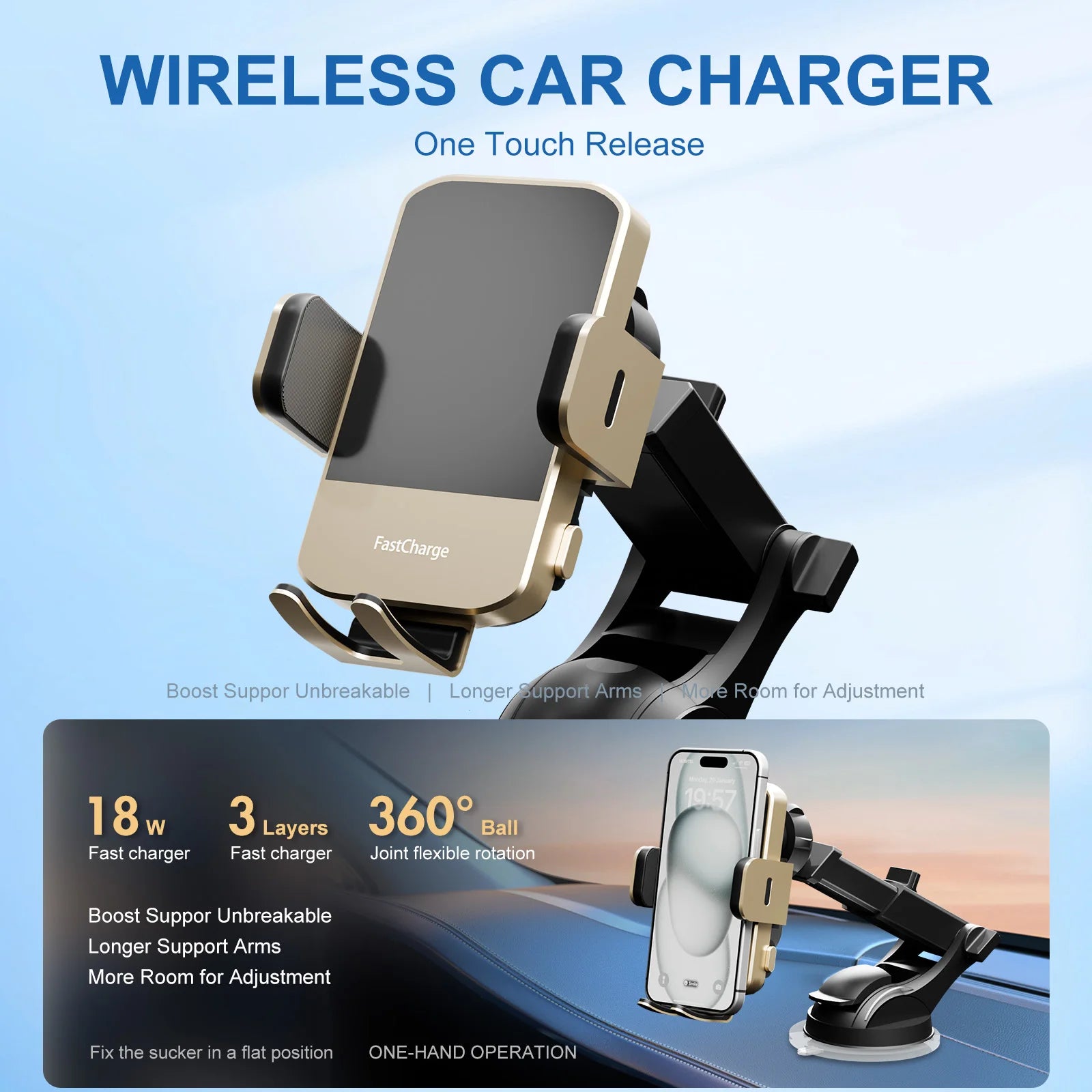 Wireless Car Charger Phone Holder 15W Fast Charge Station Mount Phone For IPhone 16 15 14 13 12 Pro Max 11 XR XS Samsung Galaxy