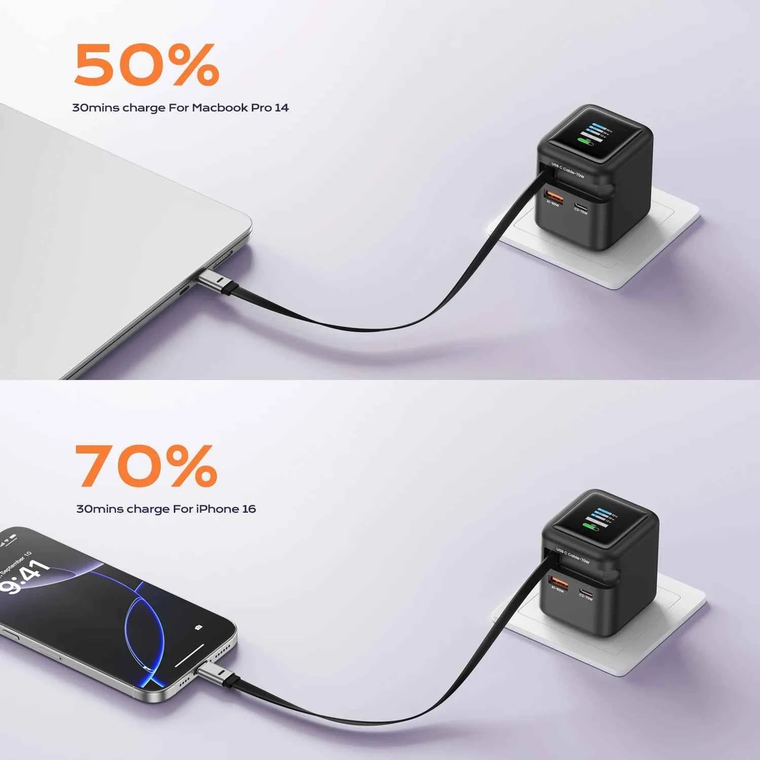 ASOMETECH 70W GaN Charger With Retractable Type C Cable 45W PD QC PPS Travel Charger for iPhone 16 Laptop Macbook Tablet Samsung