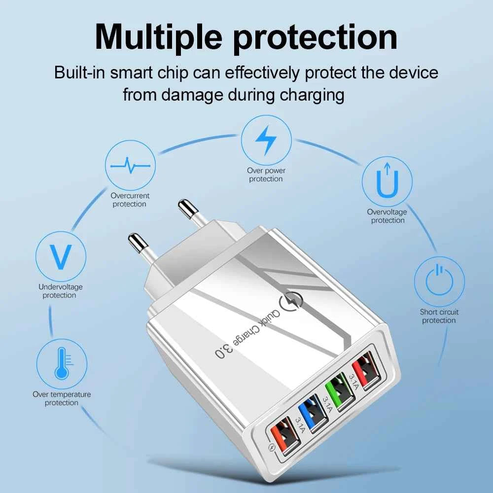 3A USB Charger 4 Port USB Quick Charge 3.0 EU US Plug Mobile Phone Charger Wall Adapter Portable Fast Charging For iPhone 16 Pro