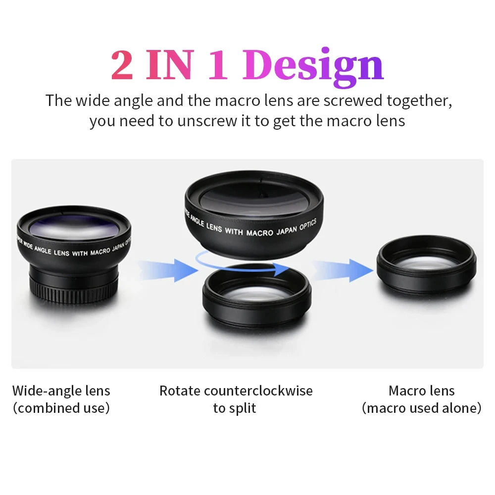 2 Functions Mobile Phone Lens 0.45X Wide Angle Len & 12.5X Macro HD Camera Lens Universal For iPhone Android Phone Smartphone