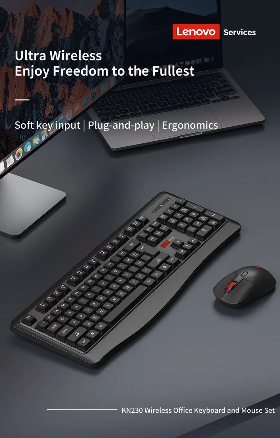 Lenovo Wireless Keyboard and Mouse Combo Full-Size 104 Key Quiet Office Set with Silent Click Compact USB Receiver for Pc Laptop