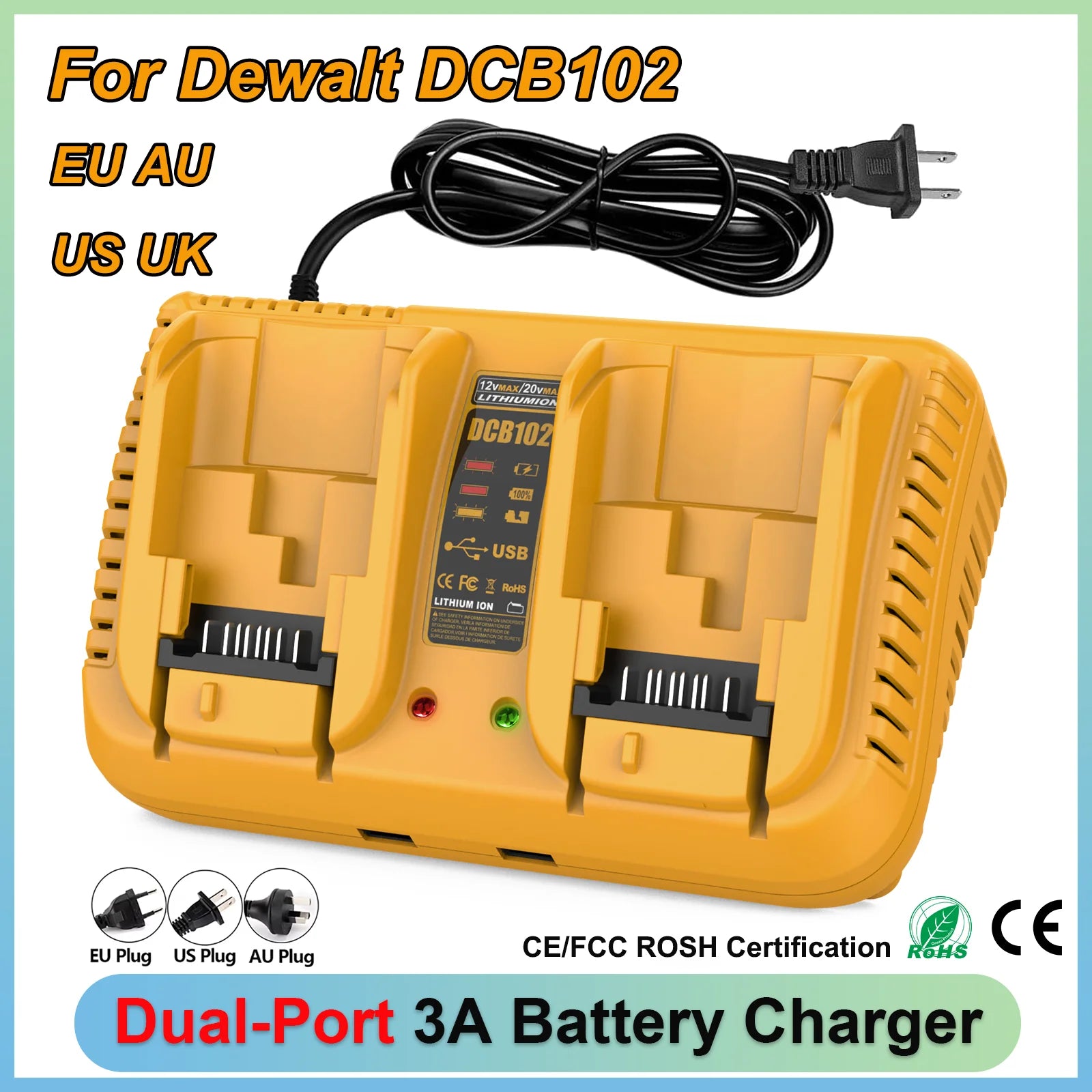 DCB102 Dual Port 3A Rapid Charger For Dewalt 12V 20V Li-ion Battery USB Charger with LED DCB205 DCB115 DCB107 DCB112