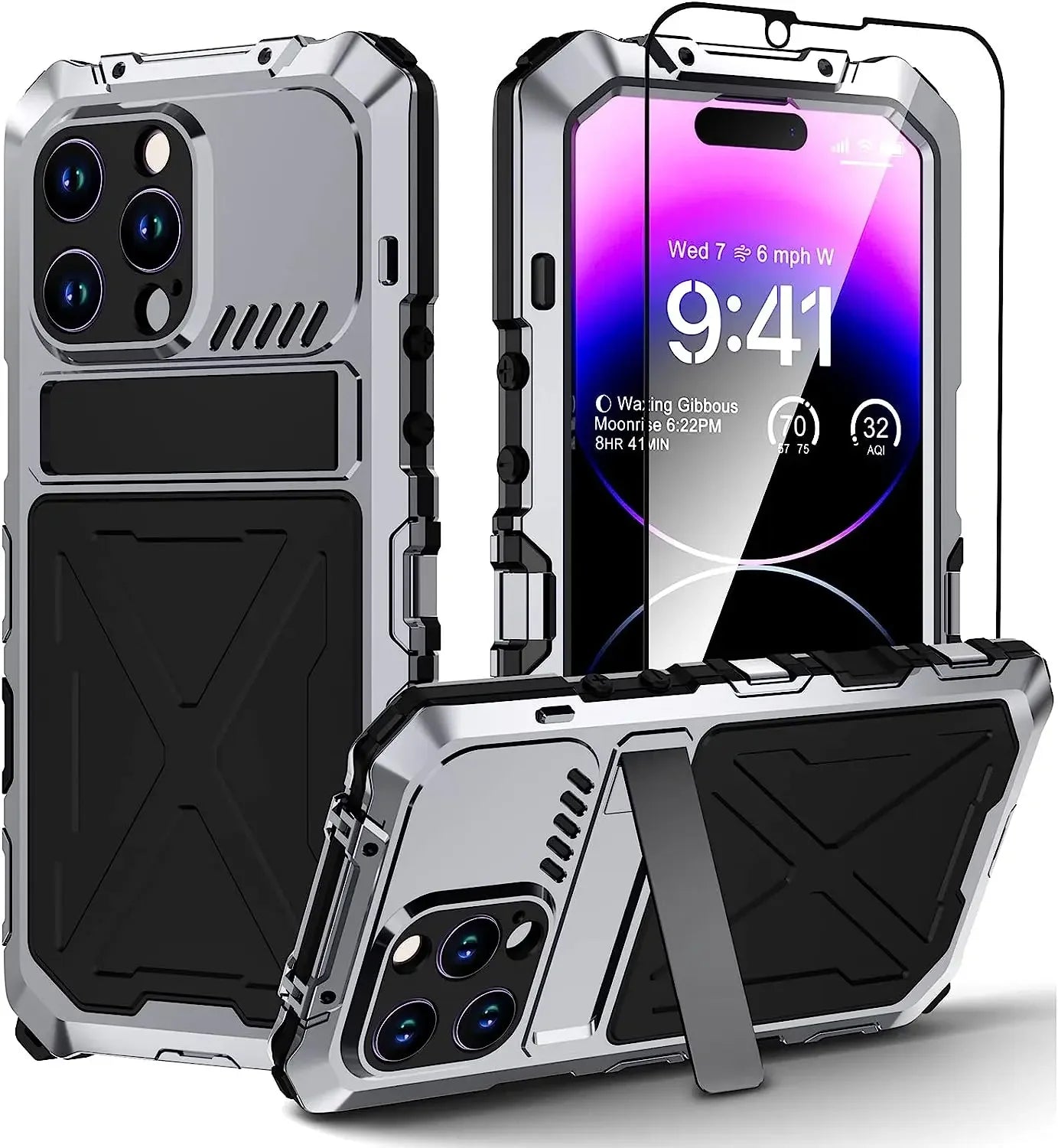 for iPhone 15 14 Pro Max Case Metal Military-Grade Built-in Kickstand & 9H Screen Protector Protective Rugged Heavy Duty Case