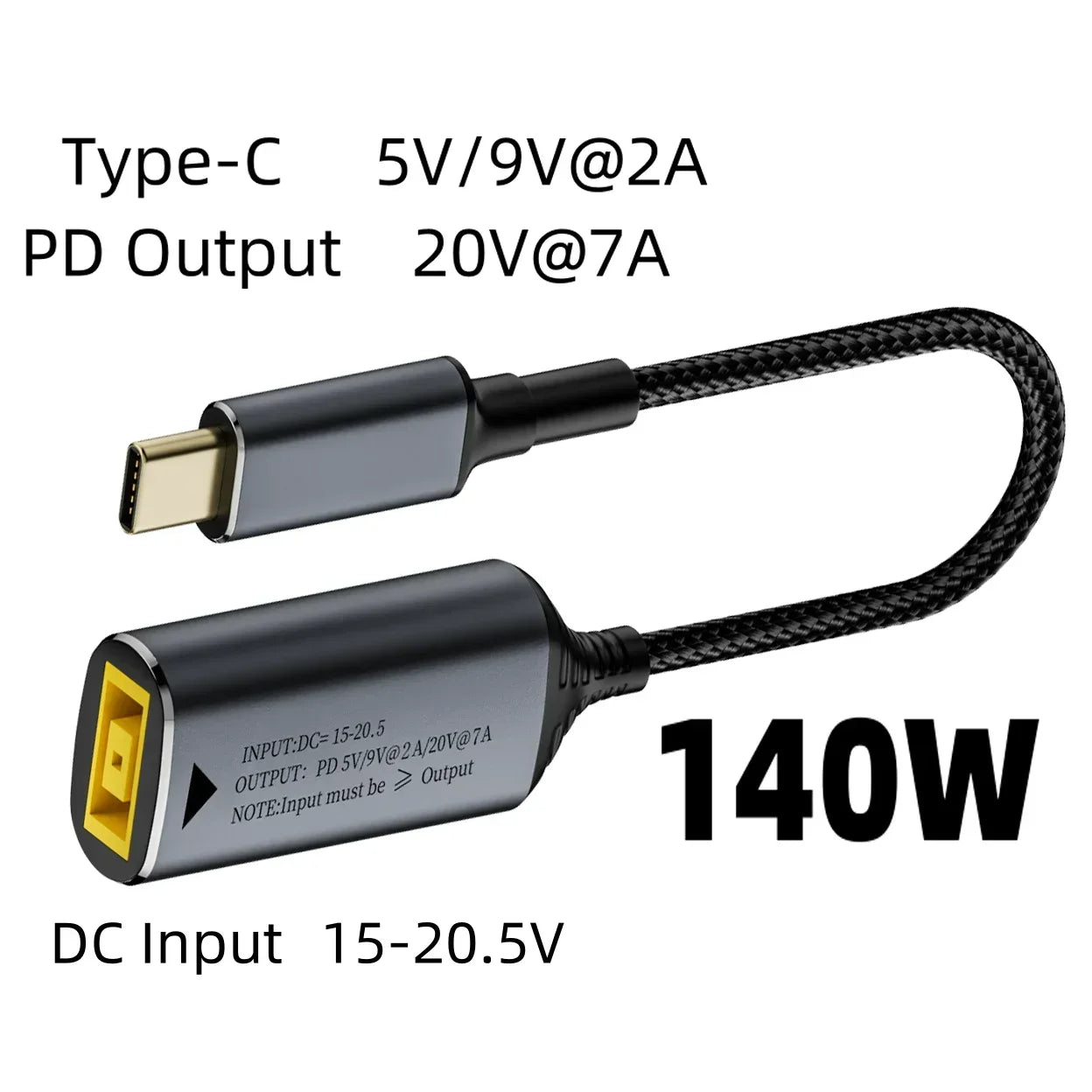 65W 100W 140W USB C Fast Charging Cable for Lenovo Laptop Charger DC Jack Square Plug To Type-C 5V/9V/20V PD Adapter Converter