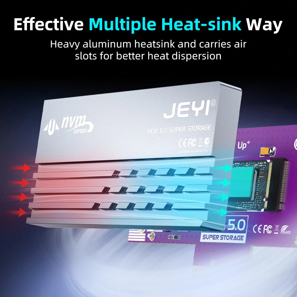 JEYI PCIe 5.0 to M.2 NVMe Adapter Card, High-Speed PCIe X4/X8/X16 to M2 SSD Converter with Cooling Heatsink for Gen5 SSD 128Gbps