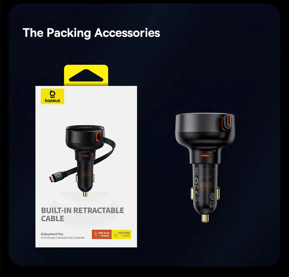 Baseus 60W Car Charger 2 in 1 Retractable Cable SCP 25W QC PD 30W Fast Car Phone Charger For iPad iPhone 16 15 14 13 Pro Samsung