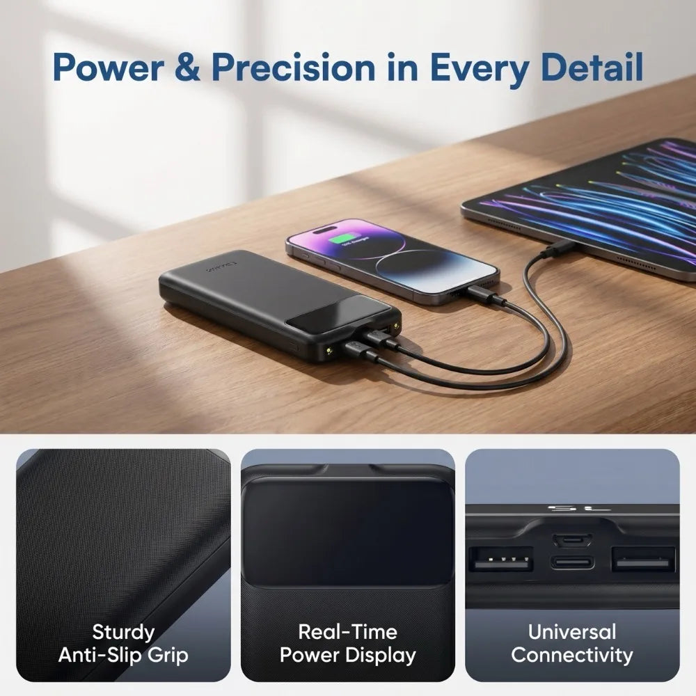 20000mAh Large Capacity Power Bank, 5V 2.1A Portable USB Charger with LED Digital Display, Dual USB Output Ports, Type-C & Micro Dual Inputs, Safe Stable Lithium Polymer Battery, Compatible with iOS & Android Devices