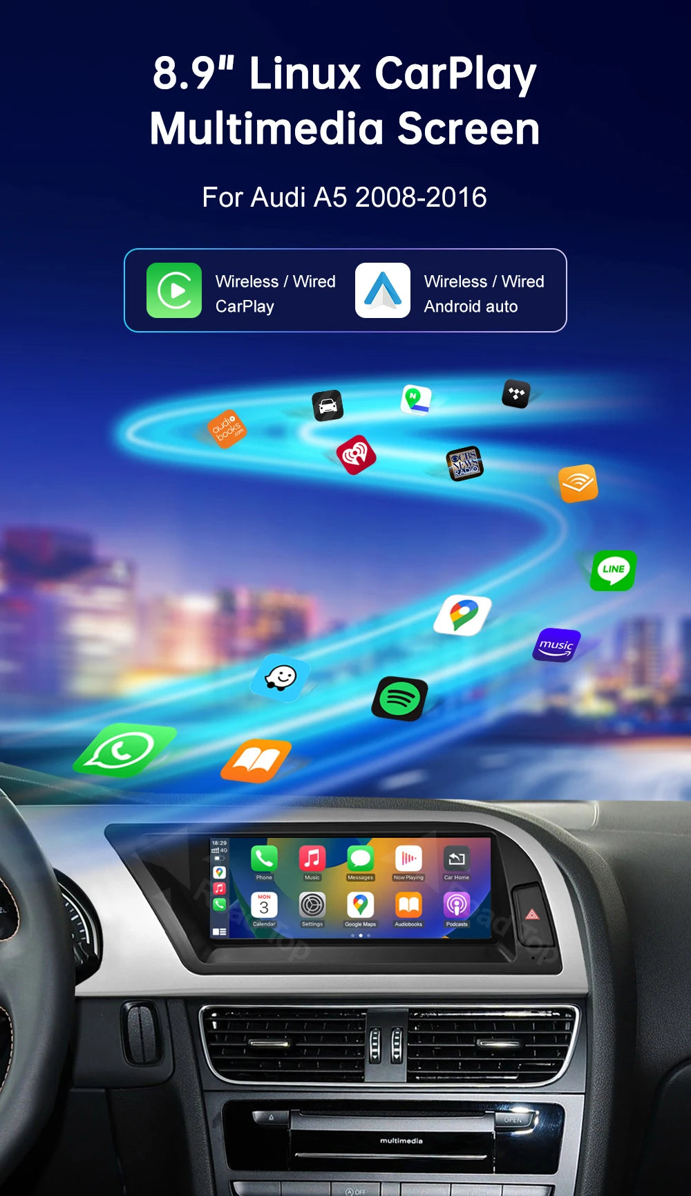 Road Top Radio Multimedia Linux Touch Screen For Audi A5 2008-2016 Wireless CarPlay Android Auto Airplay Car Player Function