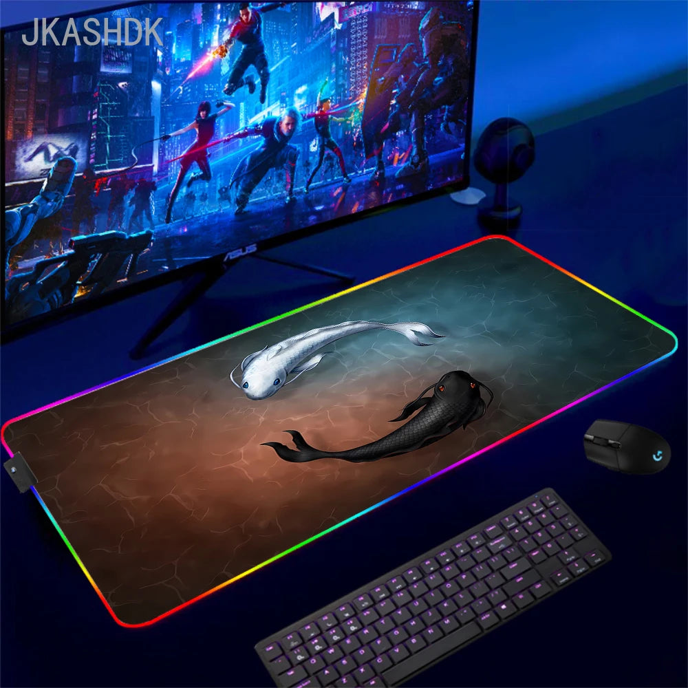 Large RGB Mouse Pad Koi Fish Gaming Mousepad LED Mouse Mat Gamer Mousepads Yin Yang Desk Pads RGB Keyboard Mause Mats XXL 100x50