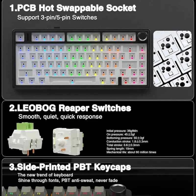 AULA F75 Game Mechanical Keyboard RGB Light 2.4G /BT5.0/Wired Tri-Mode Gasket Structure 75% Customized Gradient Grey Keyboard