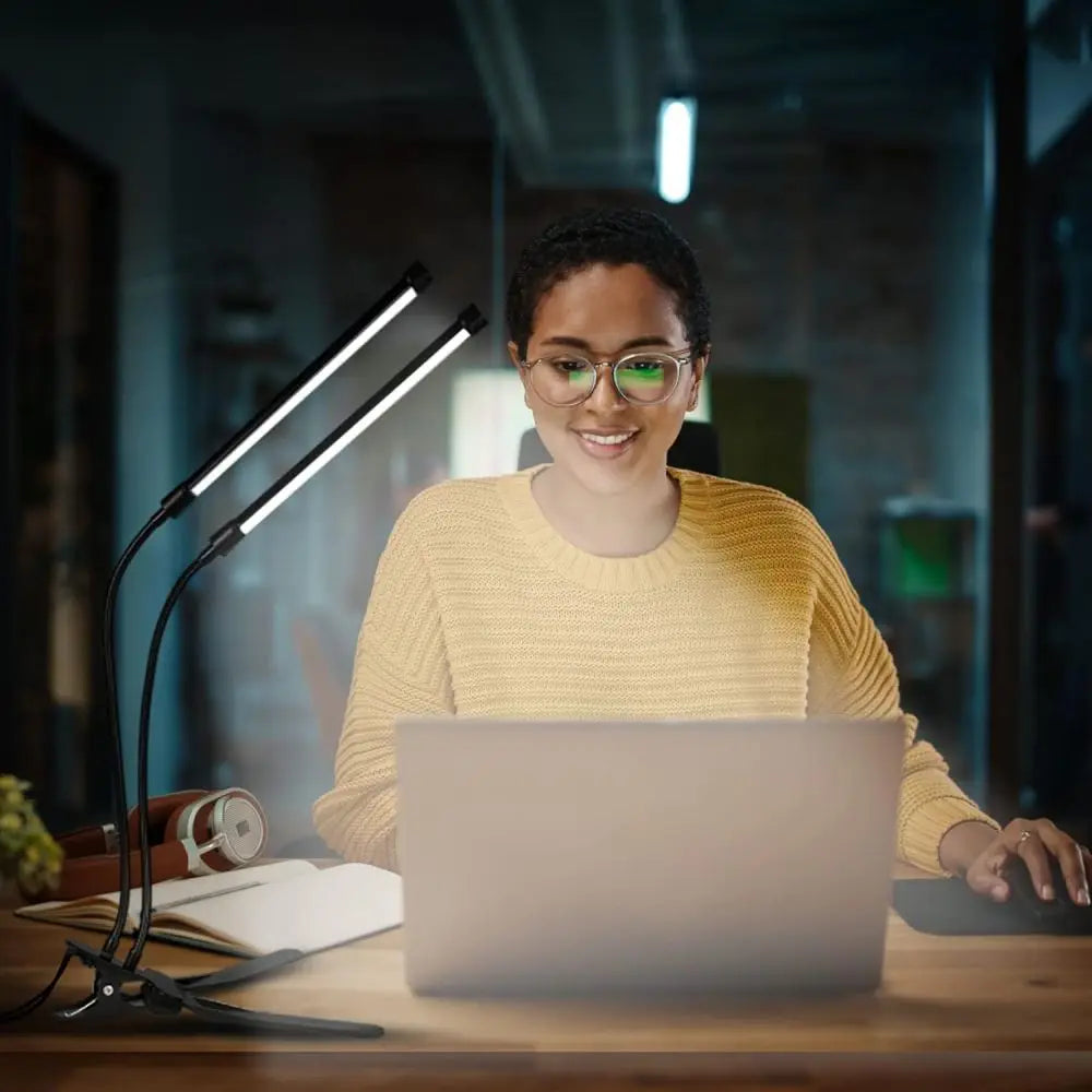 LED Desk Lamp Double/Single Head Reading Table Lamp With Clip Dimmable Brightness For Home Study Office Lighting PC Eye Protect