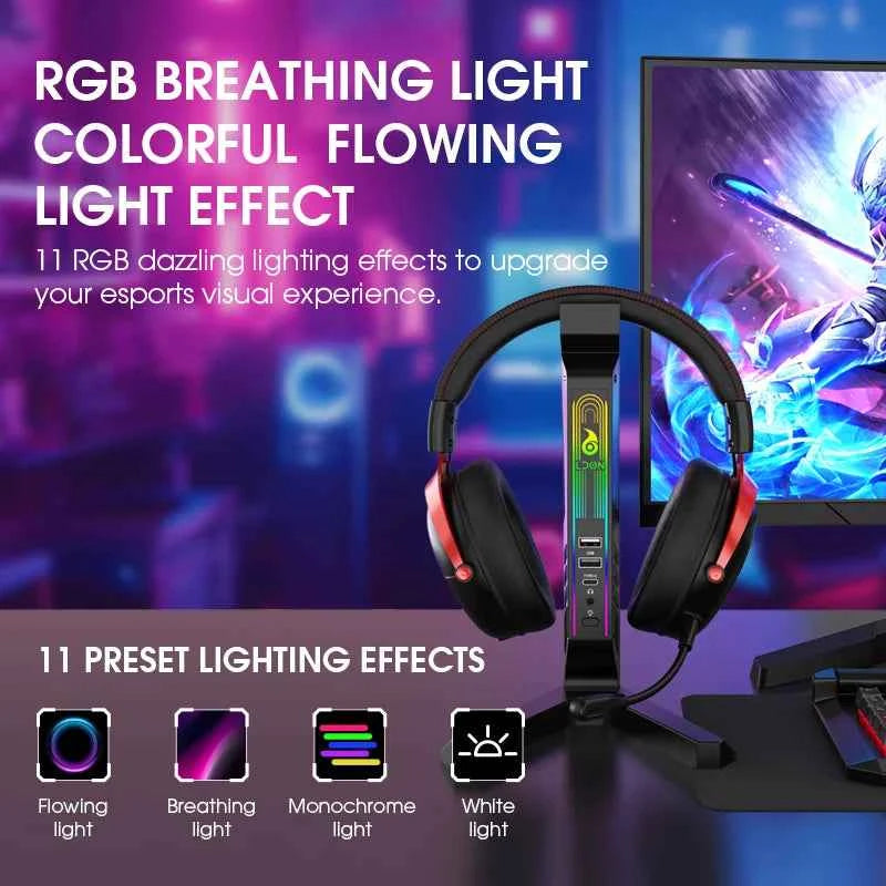 RGB Gaming Headset Stand with Sound-Activated Lights, 11 Modes LED USB Charging Dock, Headphone Holder for PC Gamer