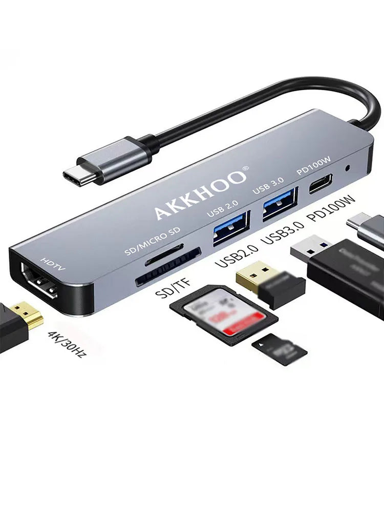 6 in 1 Type-C Docking Station, Support 100W PD Fast Charge, SD/TF Card Dual Card Slot, Portable Multi-Function Docking Station
