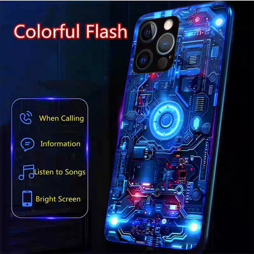 Luxury Blue Chip Pattern Luminous Glass LED Call Light Up Flash Phone Case Cover For iPhone Air 17 16 E 15 14 13 12 Pro Max Plus