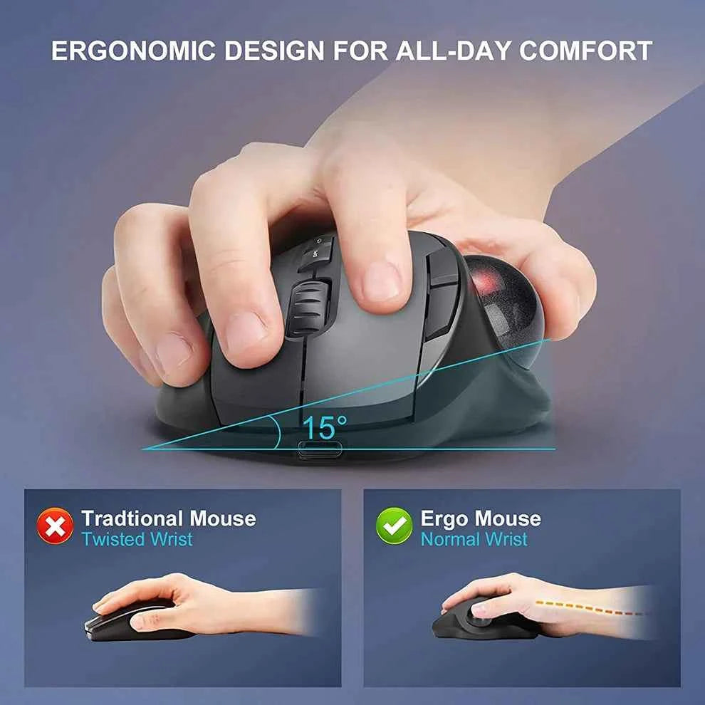Jomaa Black 2.4G + Bluetooth Wireless Trackball Mouse Rechargeable Rollerball Mice Ergonomic Mice Thumb Control Mouse Gaming