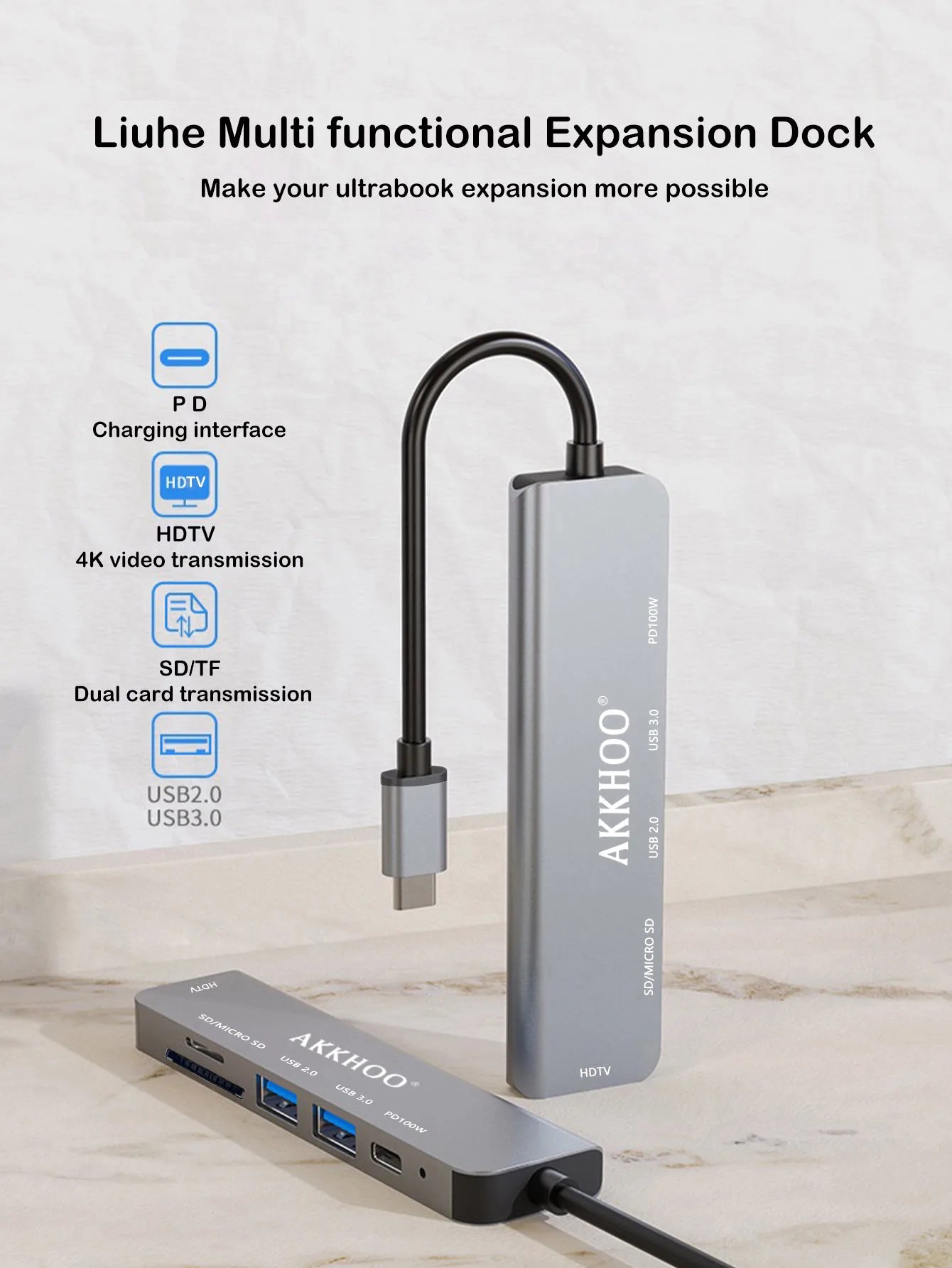 6 in 1 Type-C Docking Station, Support 100W PD Fast Charge, SD/TF Card Dual Card Slot, Portable Multi-Function Docking Station