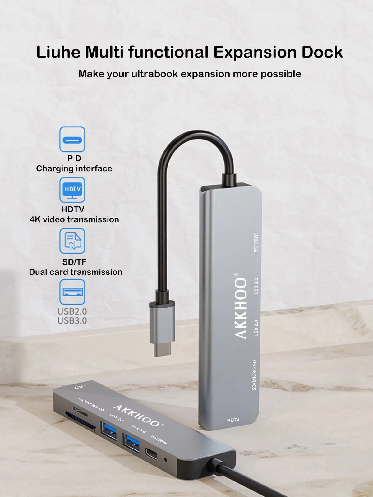 6 in 1 Type-C Docking Station, Support 100W PD Fast Charge, SD/TF Card Dual Card Slot, Portable Multi-Function Docking Station
