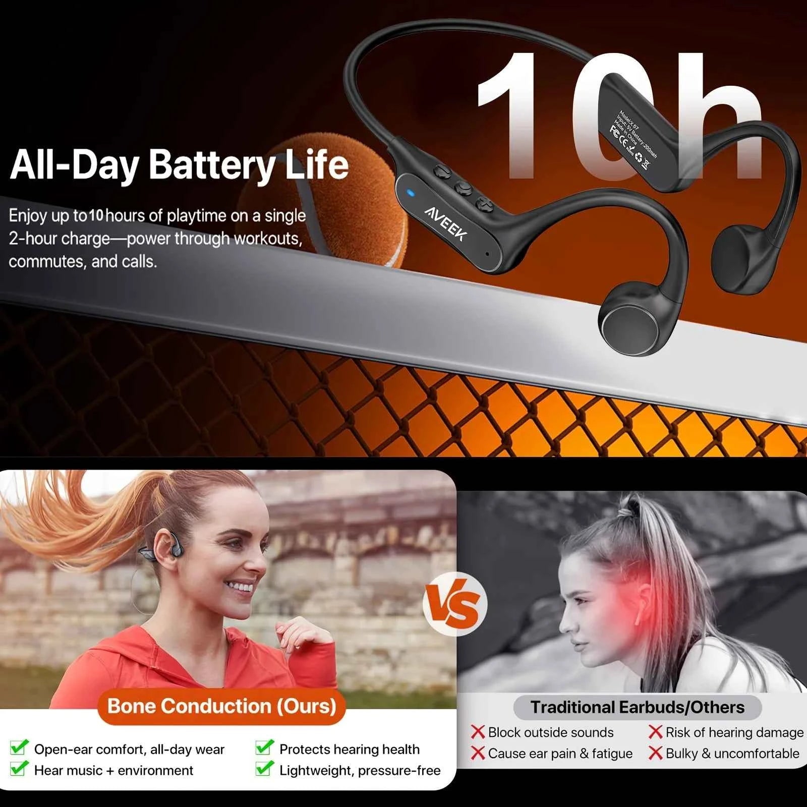 Aveek Bone Conduction Wireless Earbuds Waterproof Sports Earbuds 10-Hour Long Battery Life Designed for Outdoor Sports