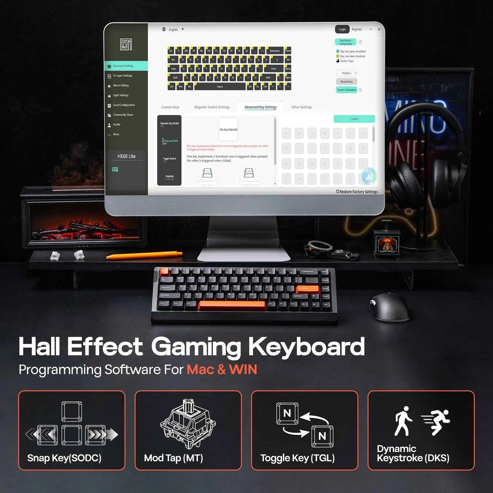 EPOMAKER HE68 Lite 65% Layout Tray-Mounted Wired Hall Effect NKRO Magnetic Keyboard DKS SOCD 8kHZ Polling Adjustable Actuation