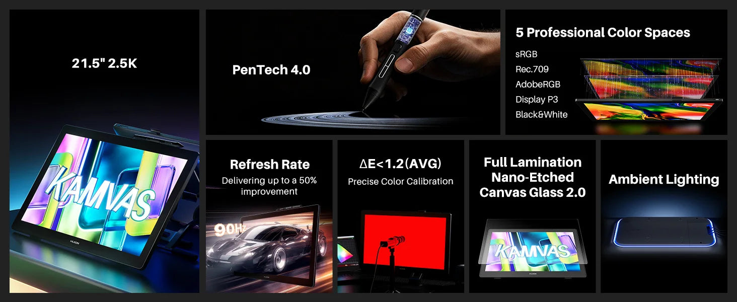 Huion Kamvas 22 Gen 3 New Graphics Tablet 2.5K Screen 90Hz Display PenTech 4.0 16K Pressure Stylus Canvas Glass 2.0 for Drawing