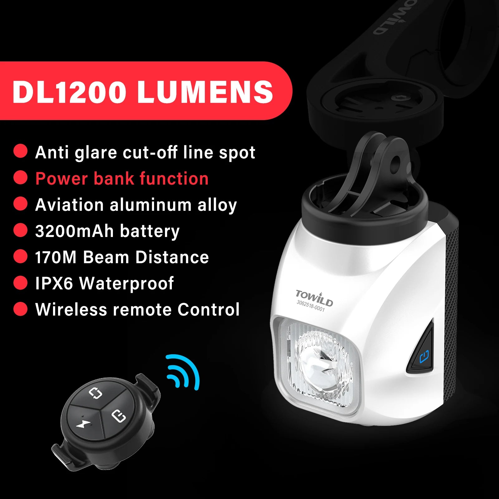 TOWILD DL1200S/DL1700 Bicycle Light With Cut-Off Line Beam1900LM Rechargeable Bike Front Light Power Bank Mtb Cycling Headlights
