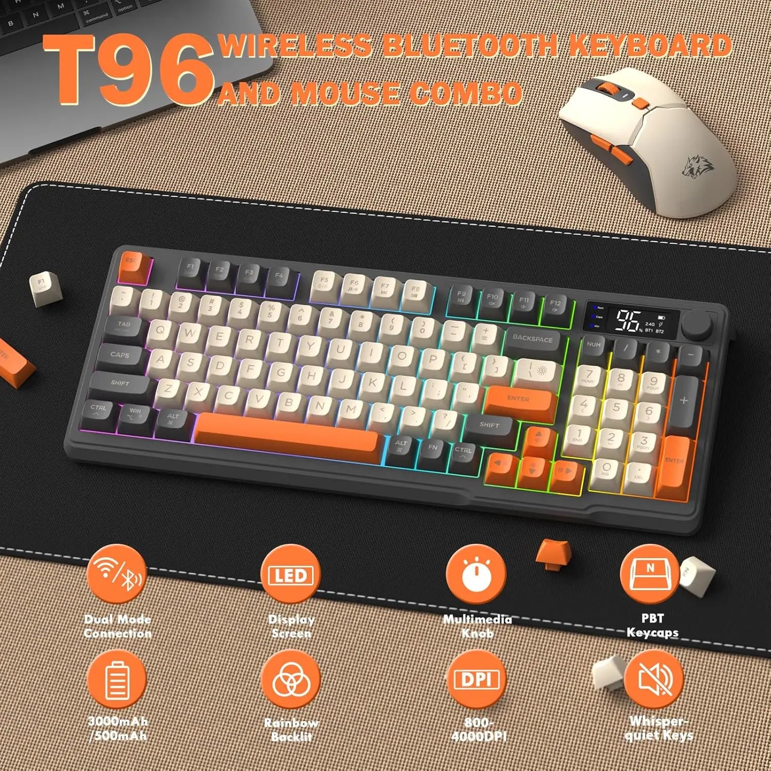 MAMBASNAKE x FREEWOLF T96 Smart Display Wireless Membrane Keyboard and Mouse Comb, 94Key LED Lighting Rechargeable Silent