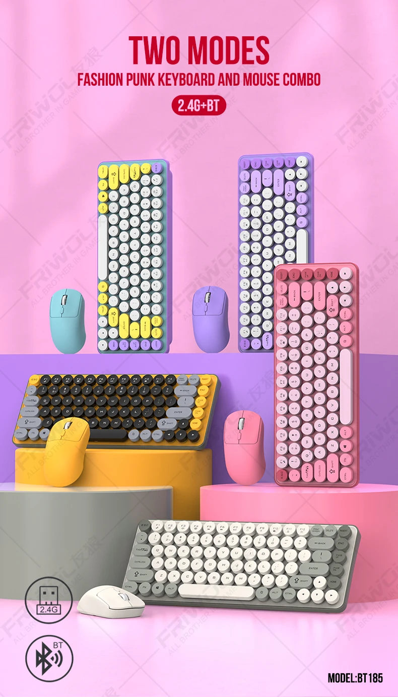 Friwol BT185 Bluetooth Wireless Keyboard Mouse Set Punk Keycap Laptop Desktop Office Mute Keyboard Mechanical Feel