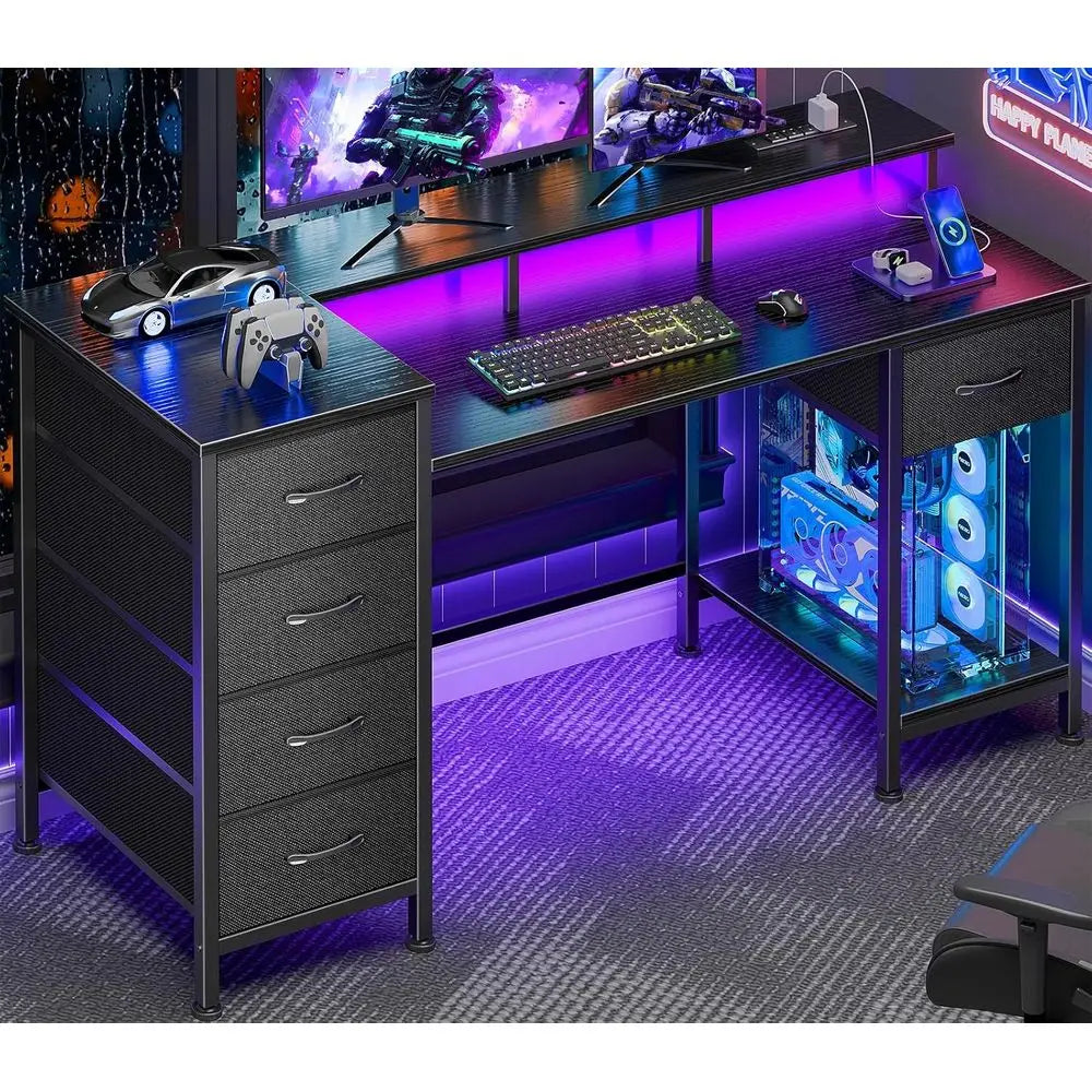 47 Inch Gaming Desk with Power Outlets and LED Lights, Reversible Computer Desk with 5 abric Storage Ders, Home Oice Desk with M