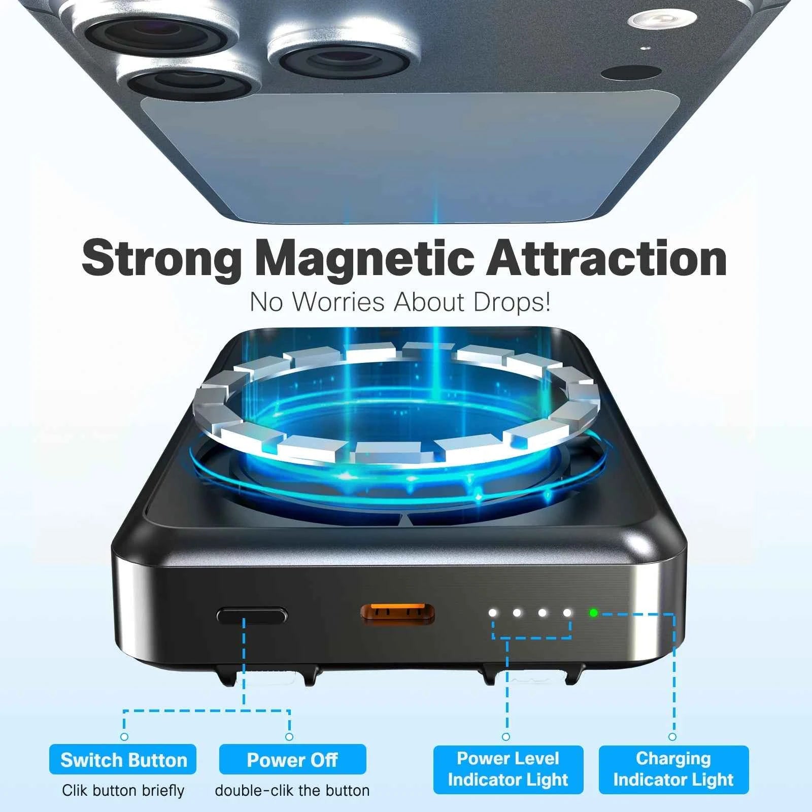10000mAh Magnetic Wireless Power Bank PD22.5W Fast Charging External Battery Dual-Port Built-in Type-C For iPhone  Airpods Watch