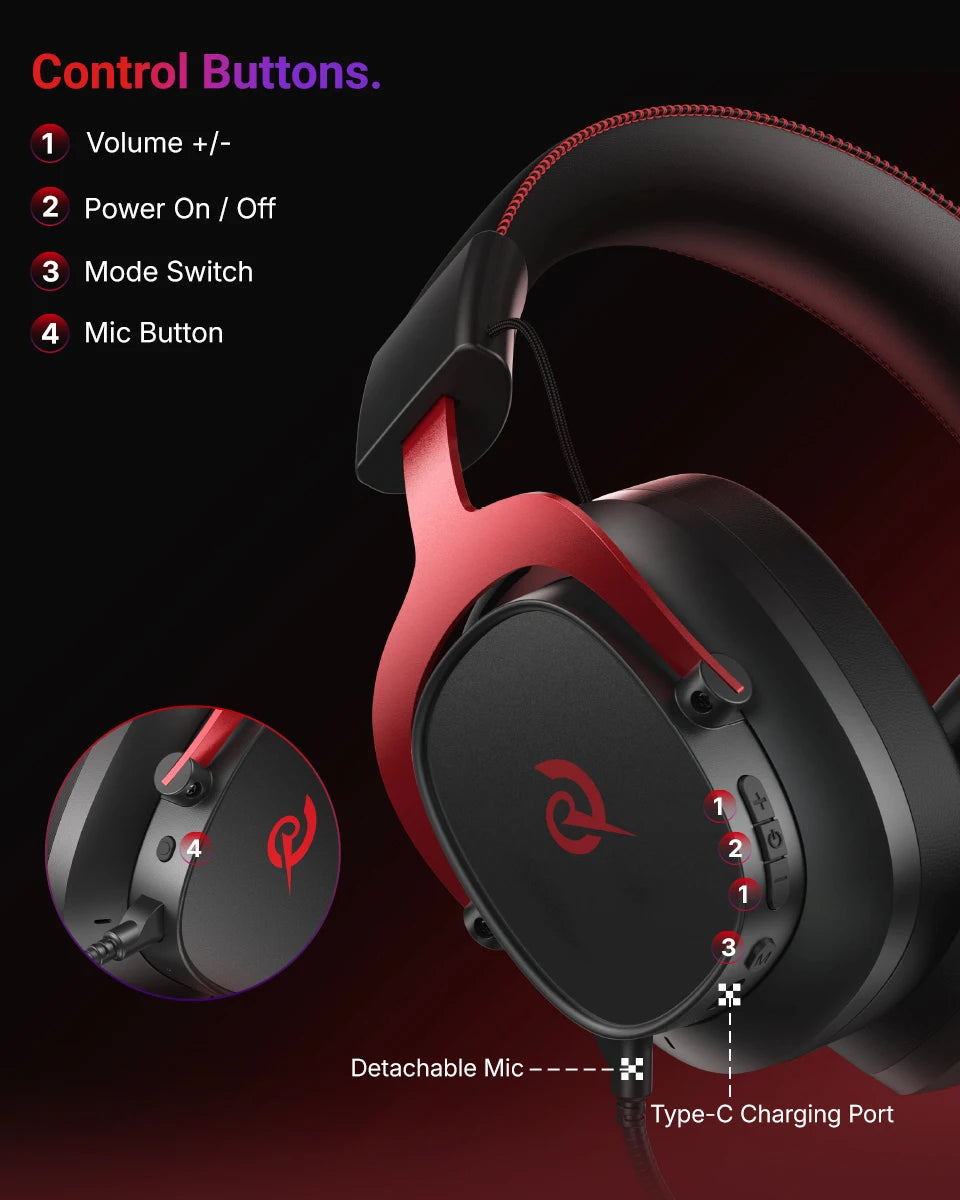 QCY Heroad VT200 Wireless Gaming Headset Detach Mic Over ear Headphone Tri-Mode 7.1 Surround Sound for PC/PS4/PS5 Headset Gamer