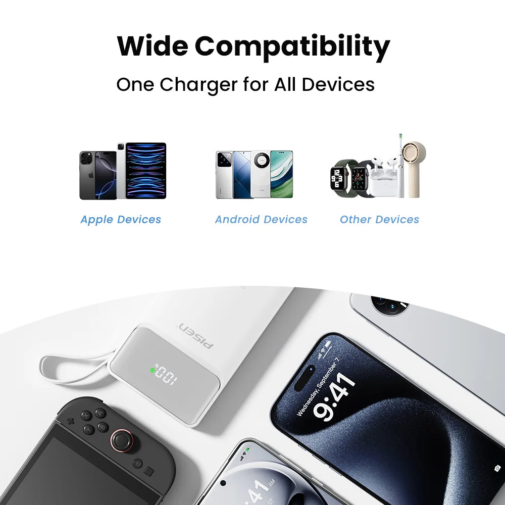 PISEN 3C Certified 22.5W Power Bank 10000mAh/ 20000mAh With Built-in Type C/L Cables Fast Charging Powerbank For iPhone Samsung