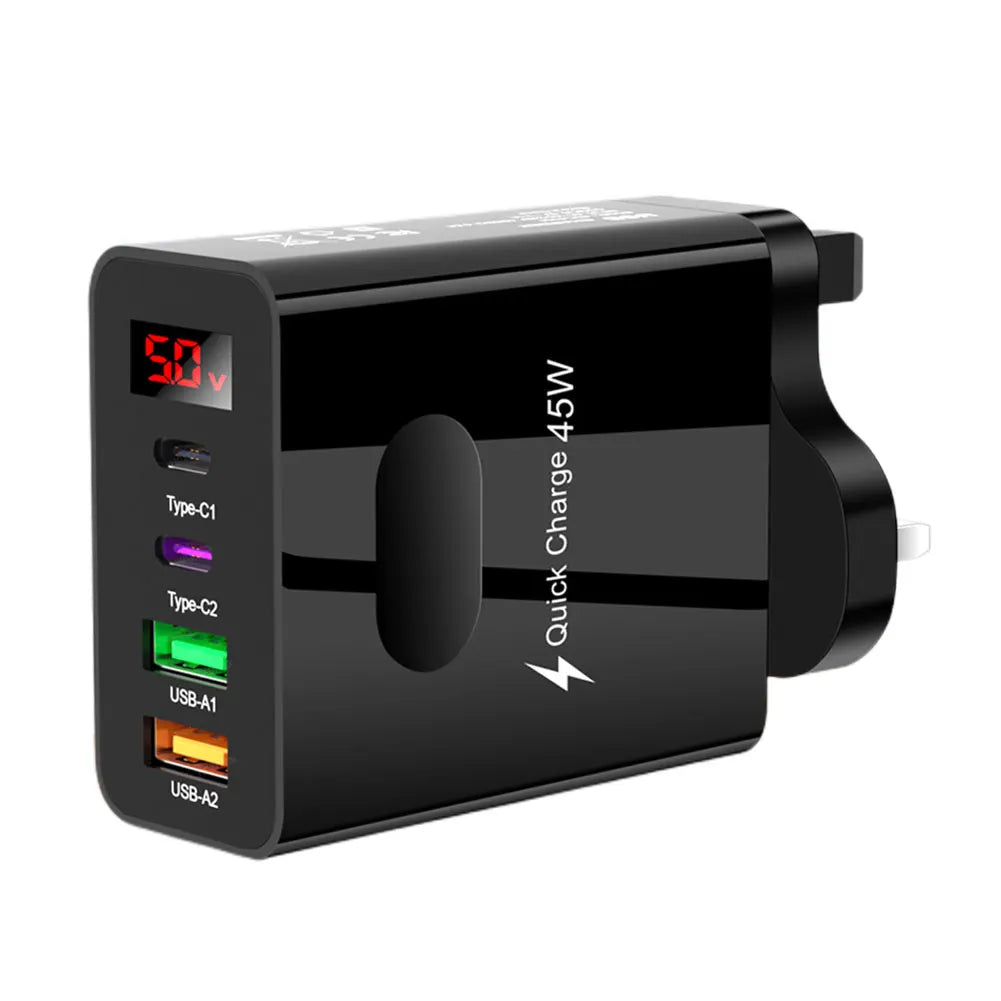 45W Multi Plug Wall Charger 2 Type-C 4 Ports Fast Charging Head Digital Display Quick Charger Head for iPhone 14 Xiaomi Samsung