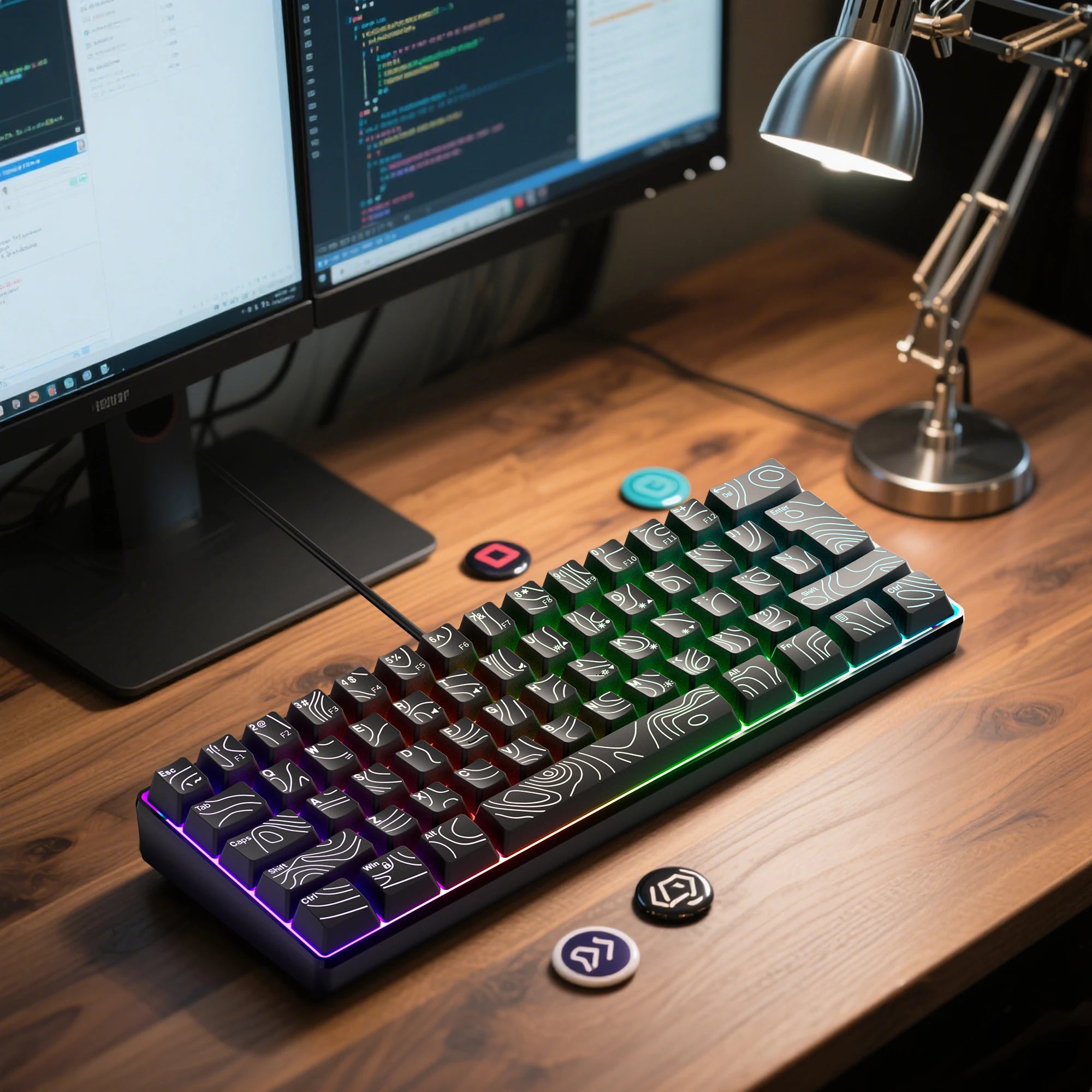60% Compact Wired Keyboard with RGB Backlight and Membrane Keyswitches. Suitable for Windows tablets, laptops and gamers. Black.