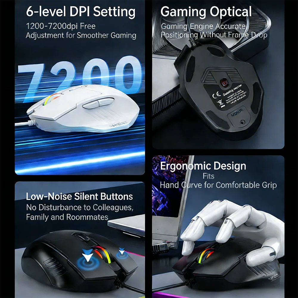 KEBIDUMEI 6 Buttons USB Wired Mouse 6 Levels up to 7200DPI Mouse Ergonomic Gaming Mouse Plug and Play For Laptop Windows MacOS