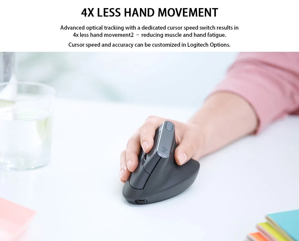 Logitech MX Vertical Wireless Mouse – Ergonomic Design Reduces Muscle Strain, Move Content Between 3 Windows and Apple Computer