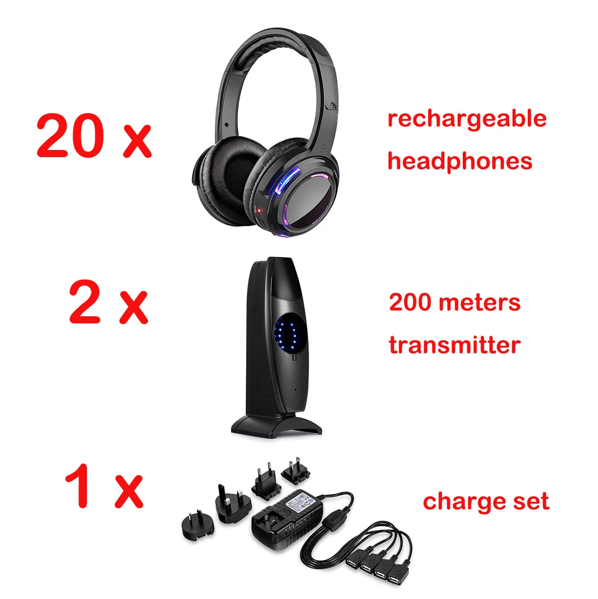Silent Disco Professional System Over Head Led Wireless Headphones - Quiet Clubbing Party Bundle (20 RX+ 1 TX)