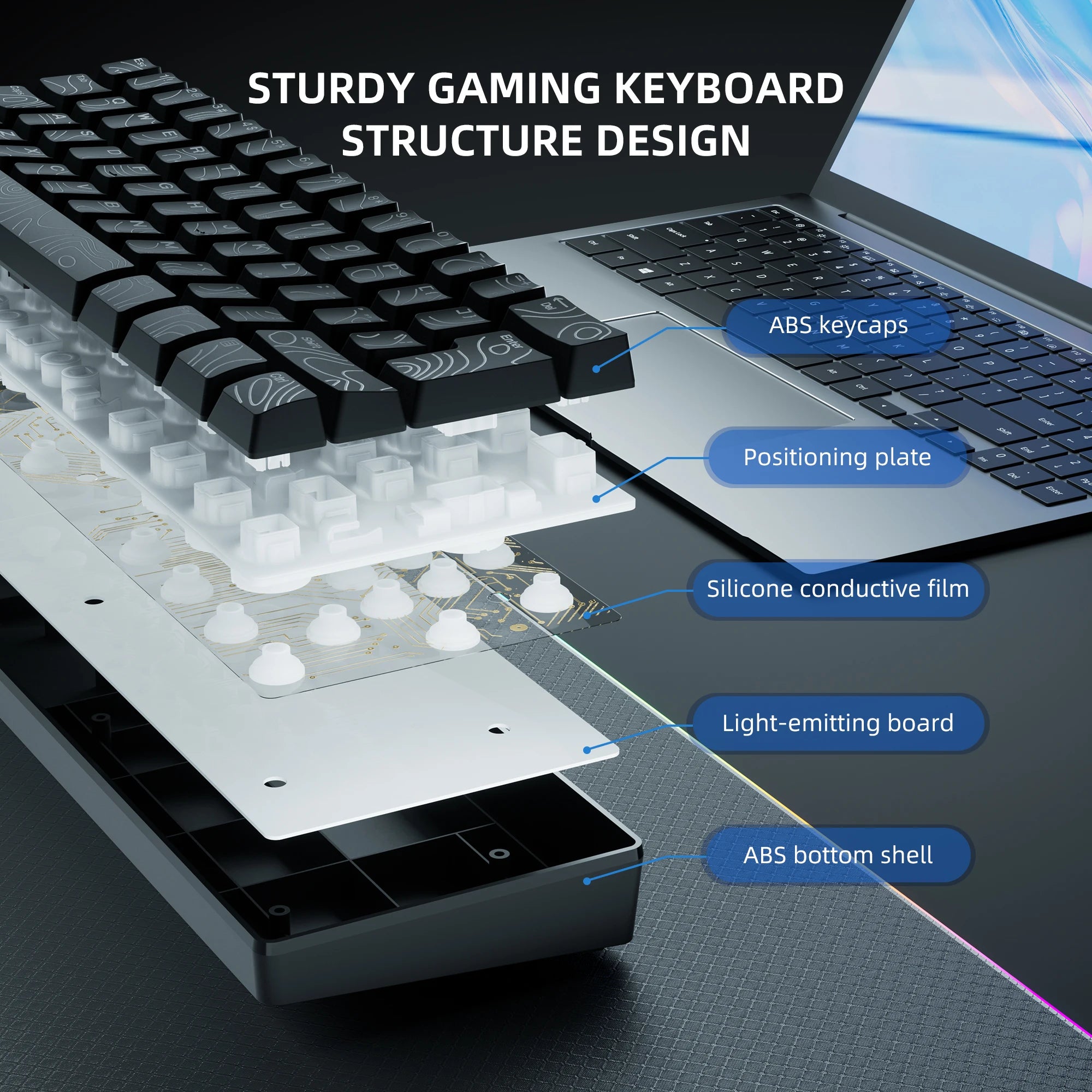 60% Compact Wired Keyboard with RGB Backlight and Membrane Keyswitches. Suitable for Windows tablets, laptops and gamers. Black.