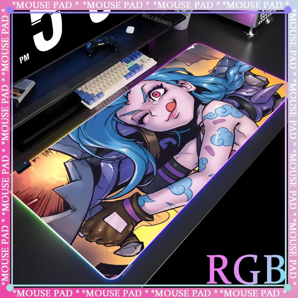 RGB League of Legends MousePad Gamer Jinx Anime Girl LED Game Accessories Keyboard Pad Large Desk mats Rubber Luminous Mouse Pad