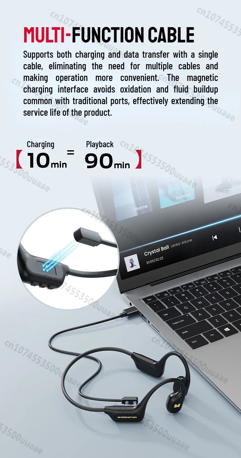 Monster BC300 Bone Conduction Bluetooth 6.0 Headphone IPX8 Waterproof Wireless Swimming Earphones Built-in 32GB Sport Earhook
