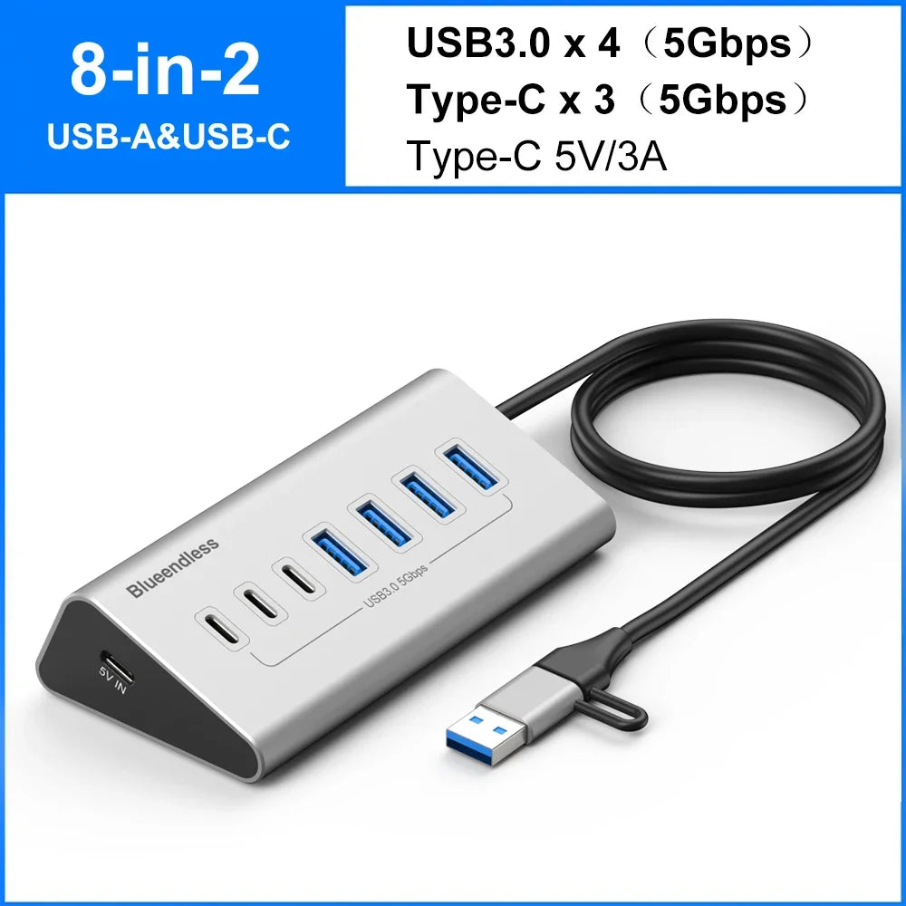USB 3.2 10Gbps Hub USB Docking Station Type C Splitter with Card Reader Aluminum Alloy Multi 8/9 Ports Switch For PC Laptop