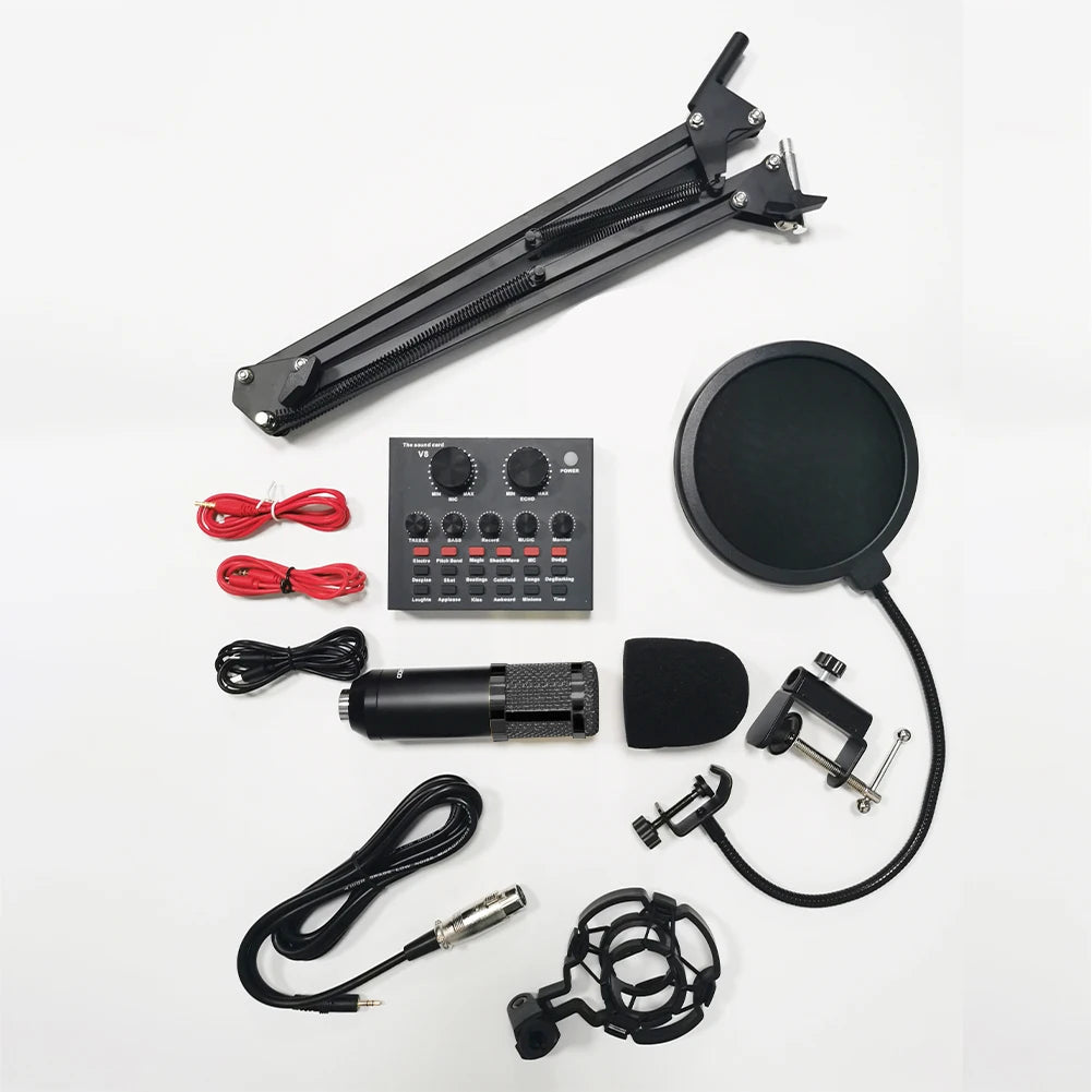 Podcast Equipment Bundle with BM800 Microphone & V8 Sound Card – Complete Recording Kit for Podcasting, Streaming, Gaming & Music Production.
