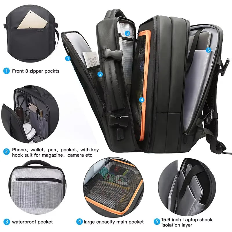 Heroic Knight Travel Laptop Backpack 15.6 Inch – Expandable Waterproof Business Backpack for Men, USB Charging Port, Large Capacity School & Work Bag