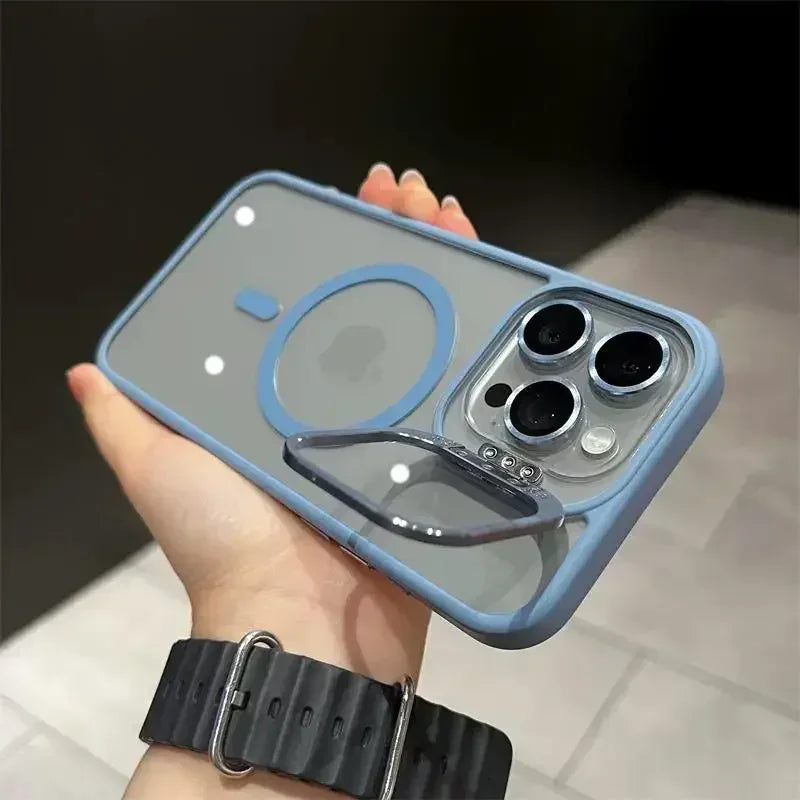 Luxury Magnetic Shockproof Phone Case for iPhone 16/15/14/13/12/11/17 Pro Max with Stand and Glass Lens Case