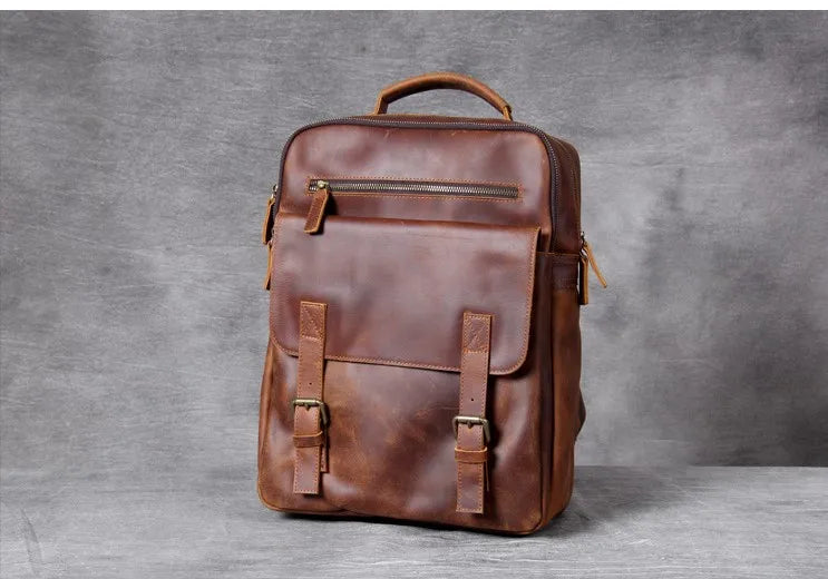 Vintage Crazy Horse Genuine Leather Backpack Men Bagpack Cowhide Hiking Backpack 17