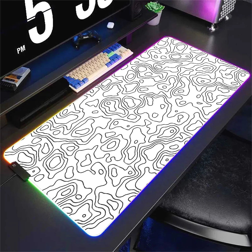 LED Desk Mat Black and White Lines RGB Computer Mouse Pad Gamer Cabinet Luminescence Abstract Mousepad Keyboard Gaming Deskmat