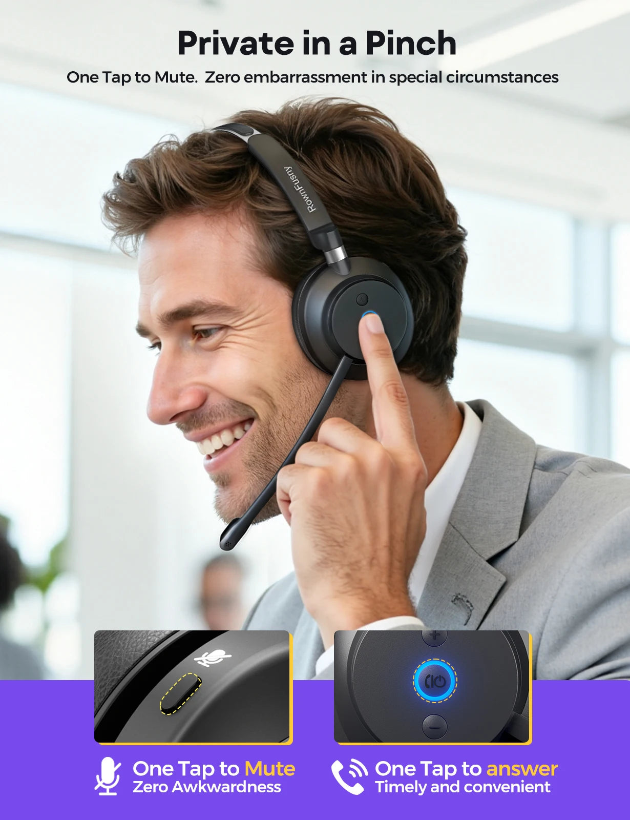 RownFusny R03 Call Center Wireless Headset Bluetooth 5.3 Computer Headphones Bluetooth Headsets with USB Noise Reduction Mic