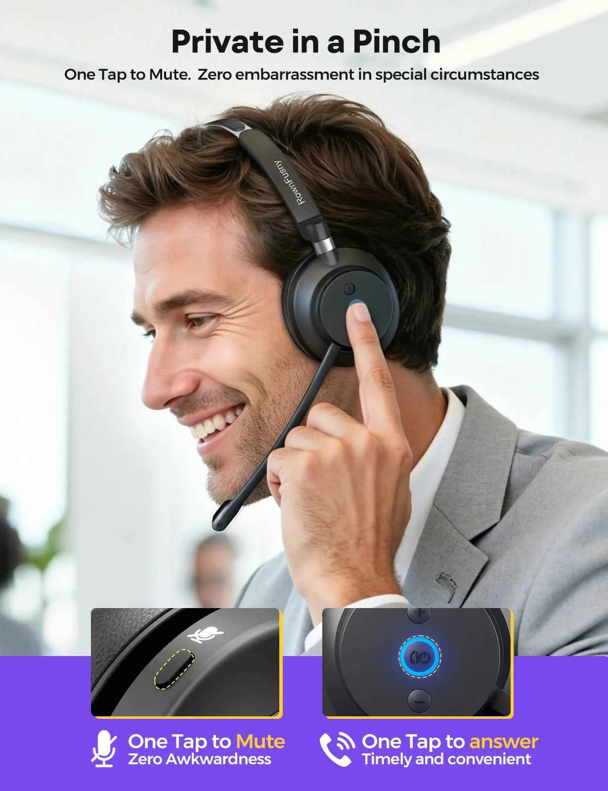 RownFusny R03 Call Center Wireless Headset Bluetooth 5.3 Computer Headphones Bluetooth Headsets with USB Noise Reduction Mic